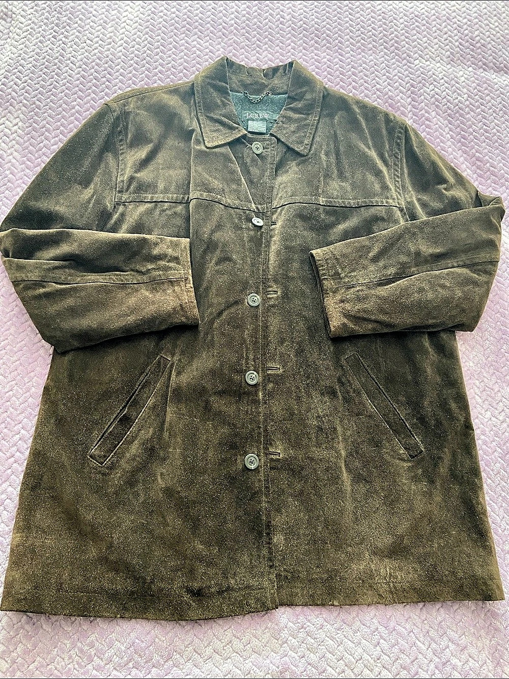 J.Crew Suede-Leather Button Jacket in Dark Brown, Wool Lining, Size Large